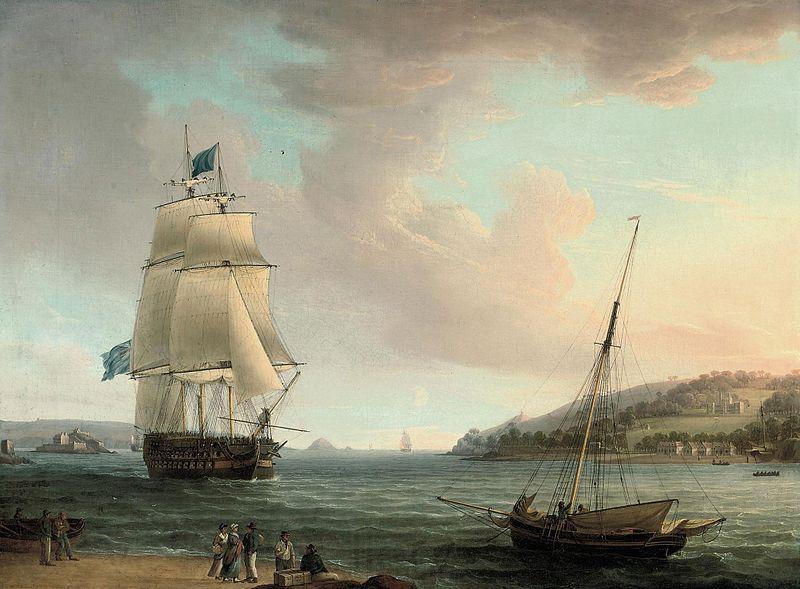 Thomas Whitcombe A crowded flagship of an Admiral of the Blue passing Mount Edgcumbe as she closes into port at Plymouth
